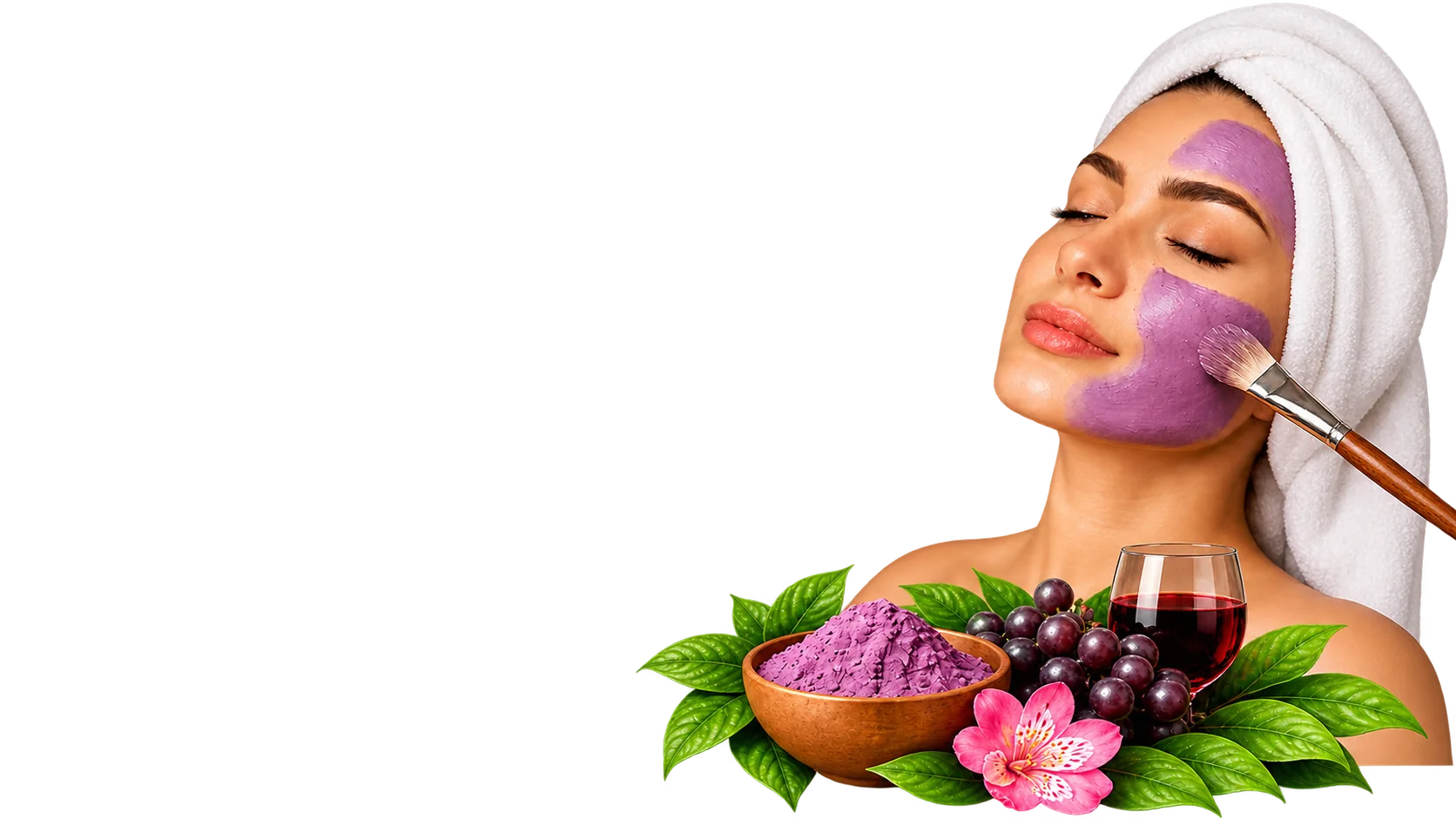 Mulher com toalha nos cabelos recebendo máscara facial natural, cercada por folhas e frutas — imagem ilustrativa